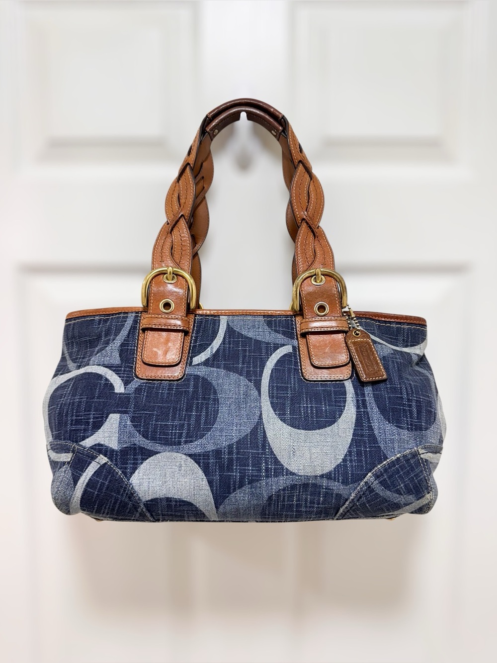 Coach Tonal Big Signature Denim Zip Satchel Blue Leather Y2K 12195